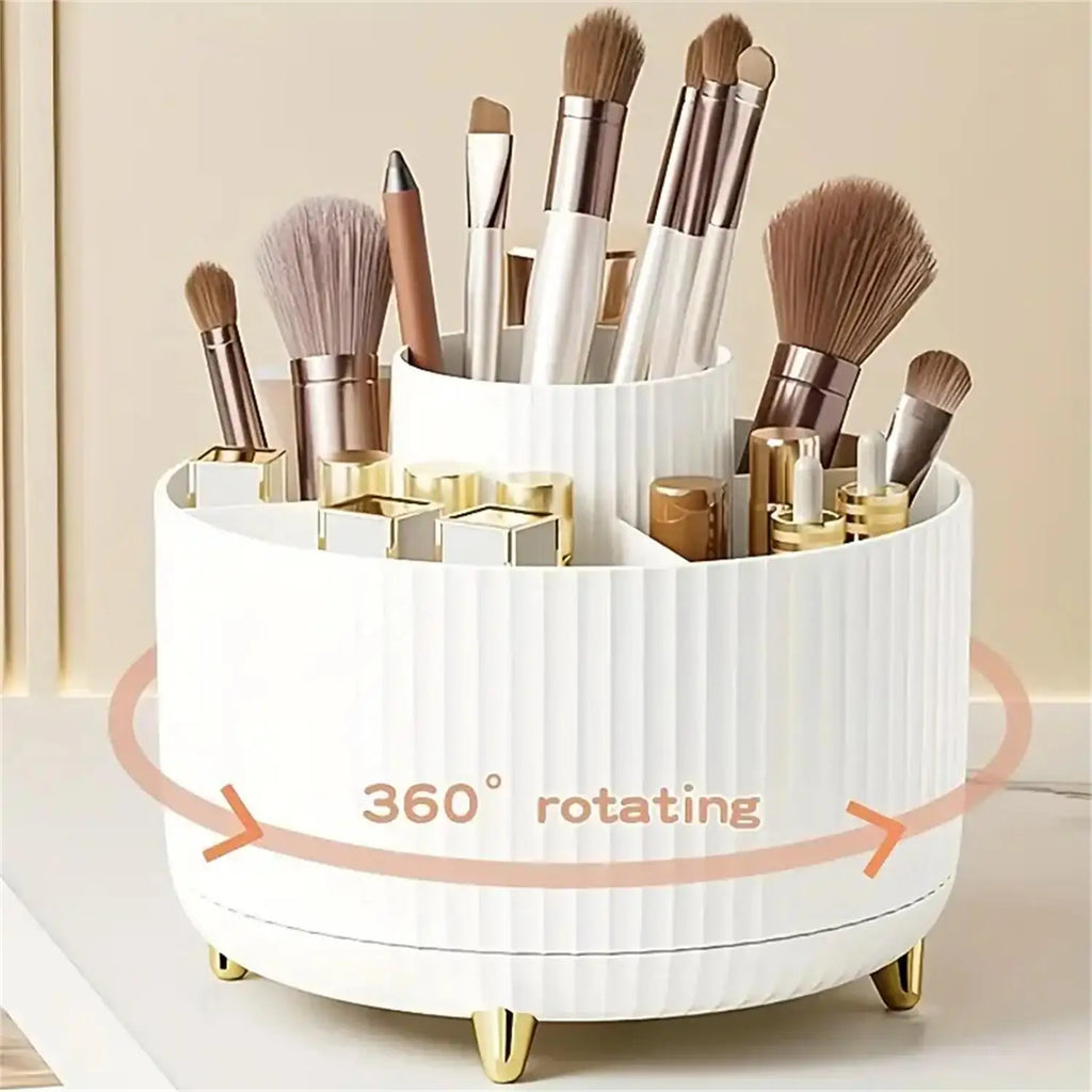 360° Rotating Makeup Organizer – 5 Compartment Cosmetic & Brush Holder