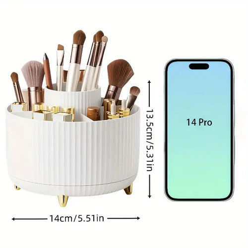 360° Rotating Makeup Organizer – 5 Compartment Cosmetic & Brush Holder