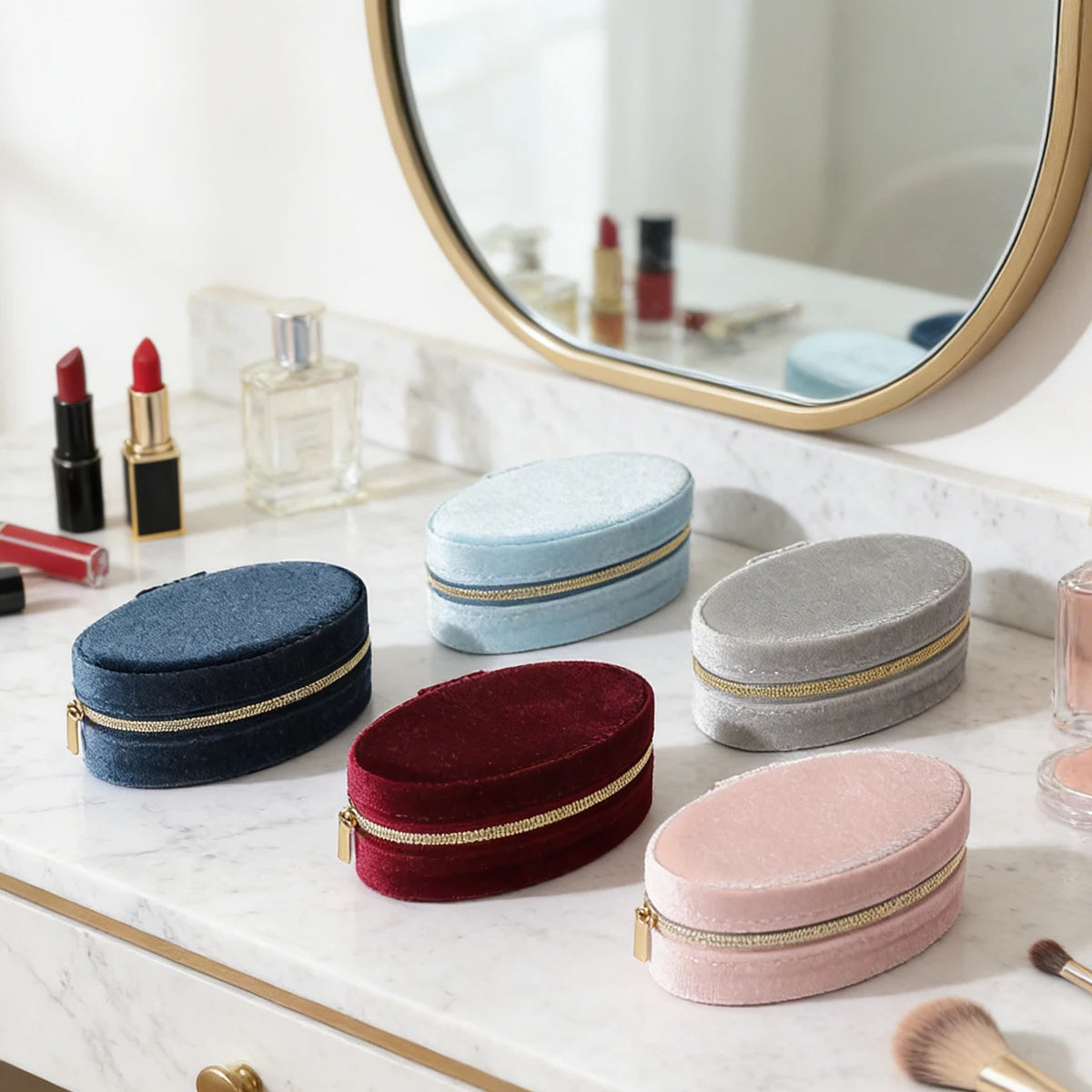 Velvet jewelry box-Compact oval travel organizer with necklace hook & divided compartment