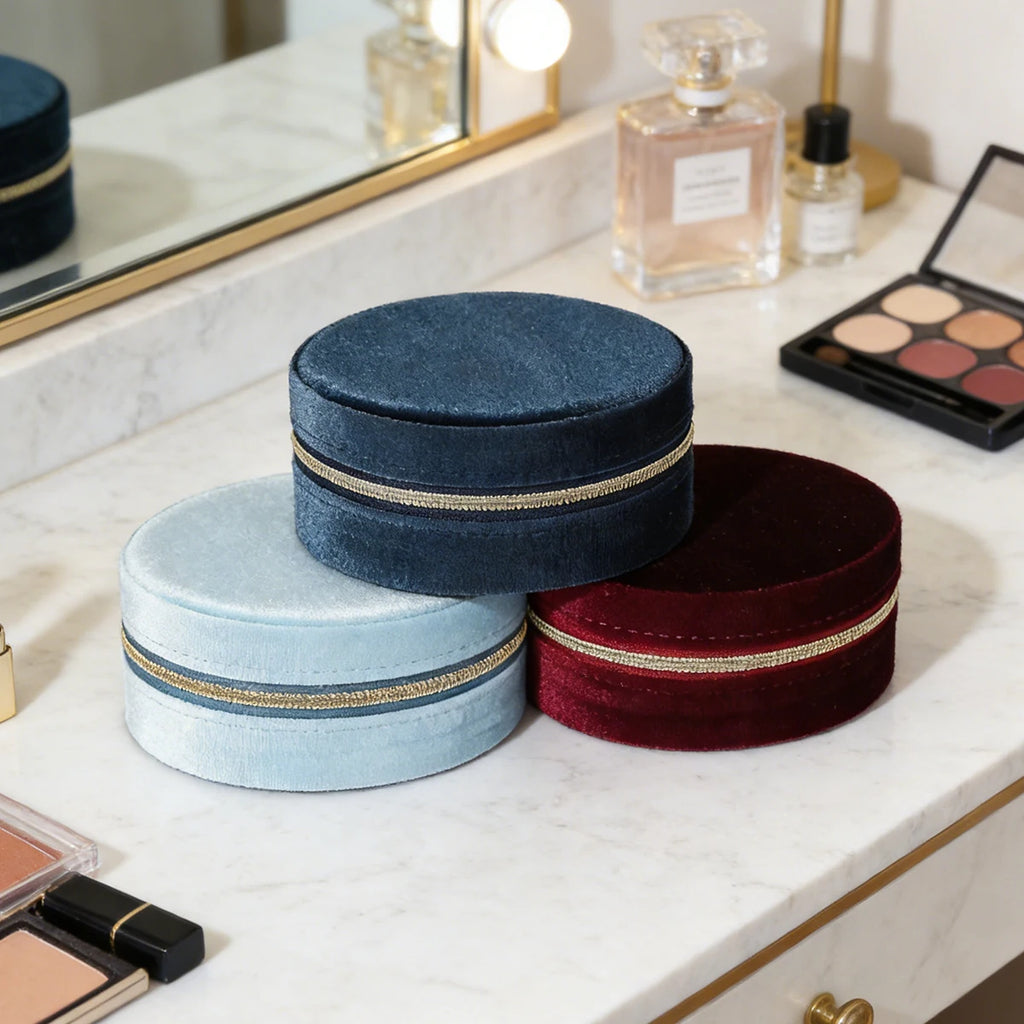 Velvet jewelry box-Compact oval travel organizer with necklace hook & divided compartment