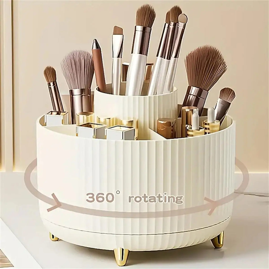 360° Rotating Makeup Organizer – 5 Compartment Cosmetic & Brush Holder