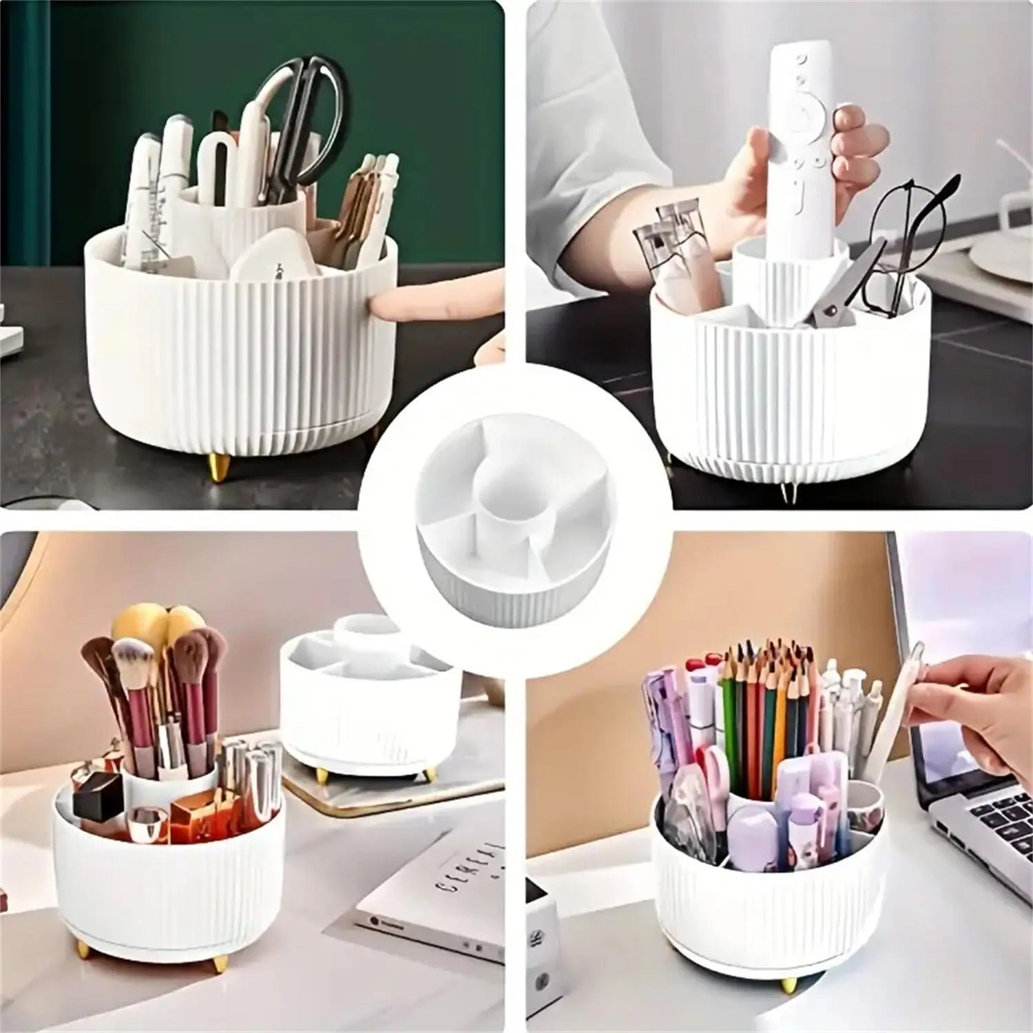 360° Rotating Makeup Organizer – 5 Compartment Cosmetic & Brush Holder