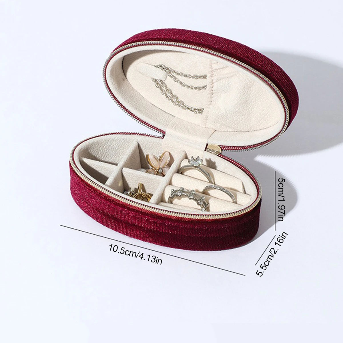 Velvet jewelry box-Compact oval travel organizer with necklace hook & divided compartment