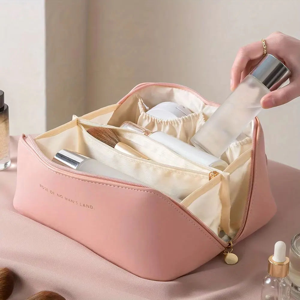 Makeup Organizer Bag – PU Leather Travel Cosmetic & Toiletry Storage Case with Zipper for Women