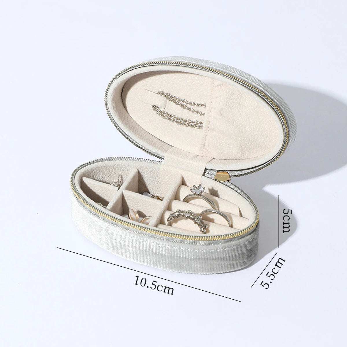 Velvet jewelry box-Compact oval travel organizer with necklace hook & divided compartment