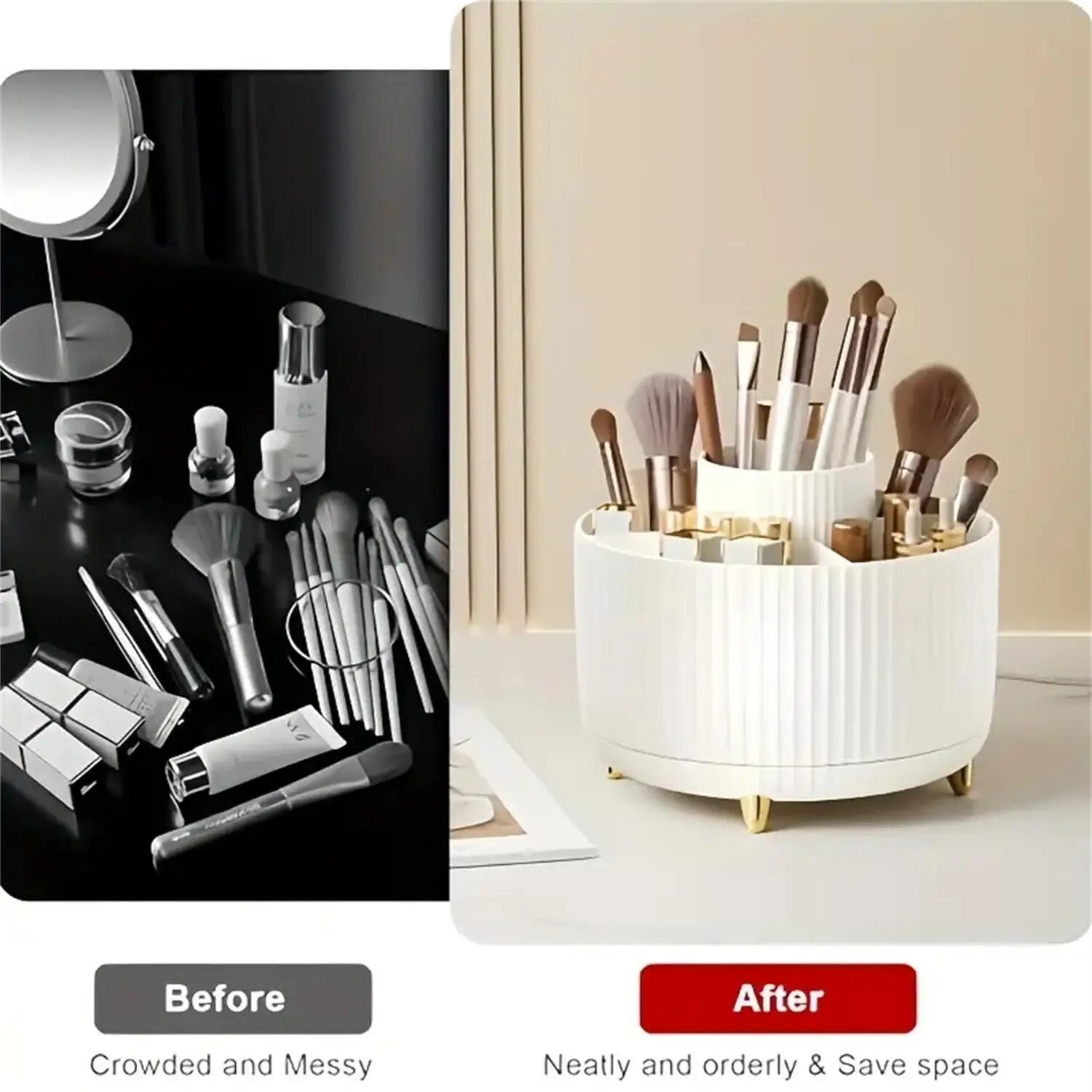 360° Rotating Makeup Organizer – 5 Compartment Cosmetic & Brush Holder