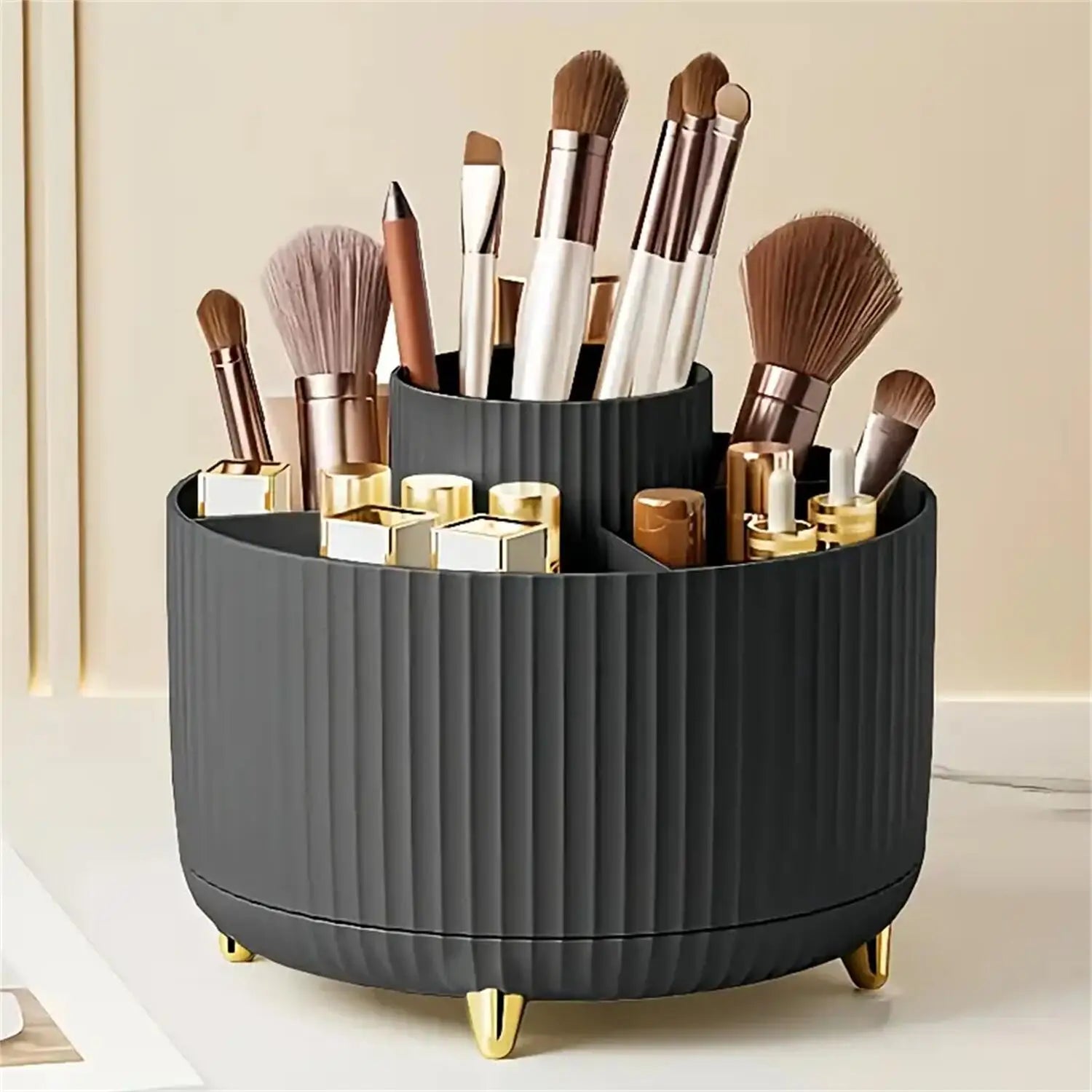 360° Rotating Makeup Organizer – 5 Compartment Cosmetic & Brush Holder