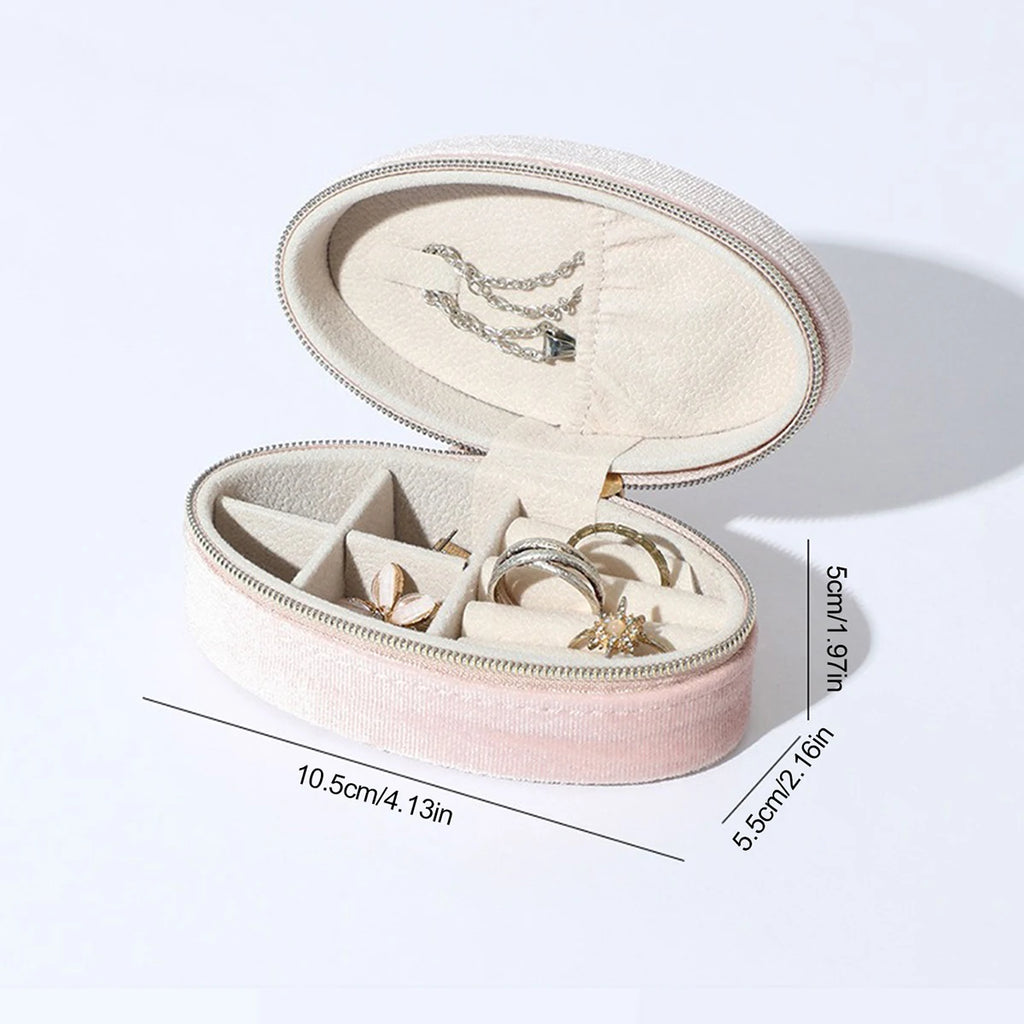 Velvet jewelry box-Compact oval travel organizer with necklace hook & divided compartment