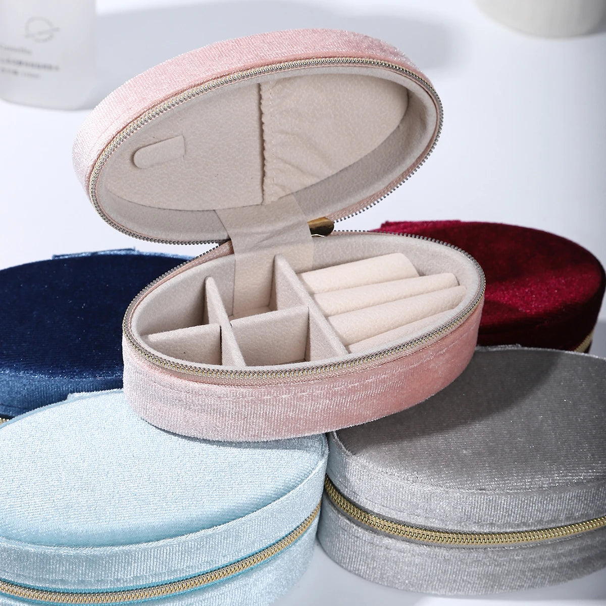 Velvet jewelry box-Compact oval travel organizer with necklace hook & divided compartment