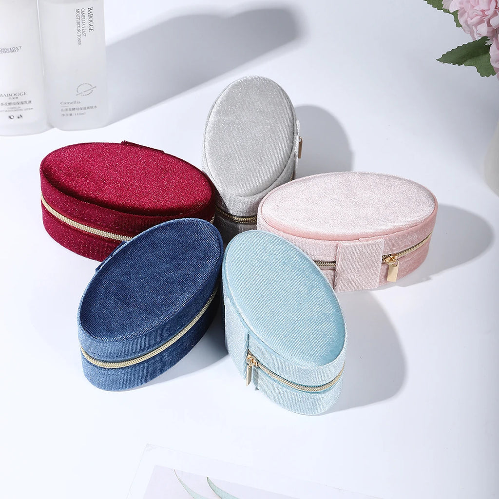 Velvet jewelry box-Compact oval travel organizer with necklace hook & divided compartment