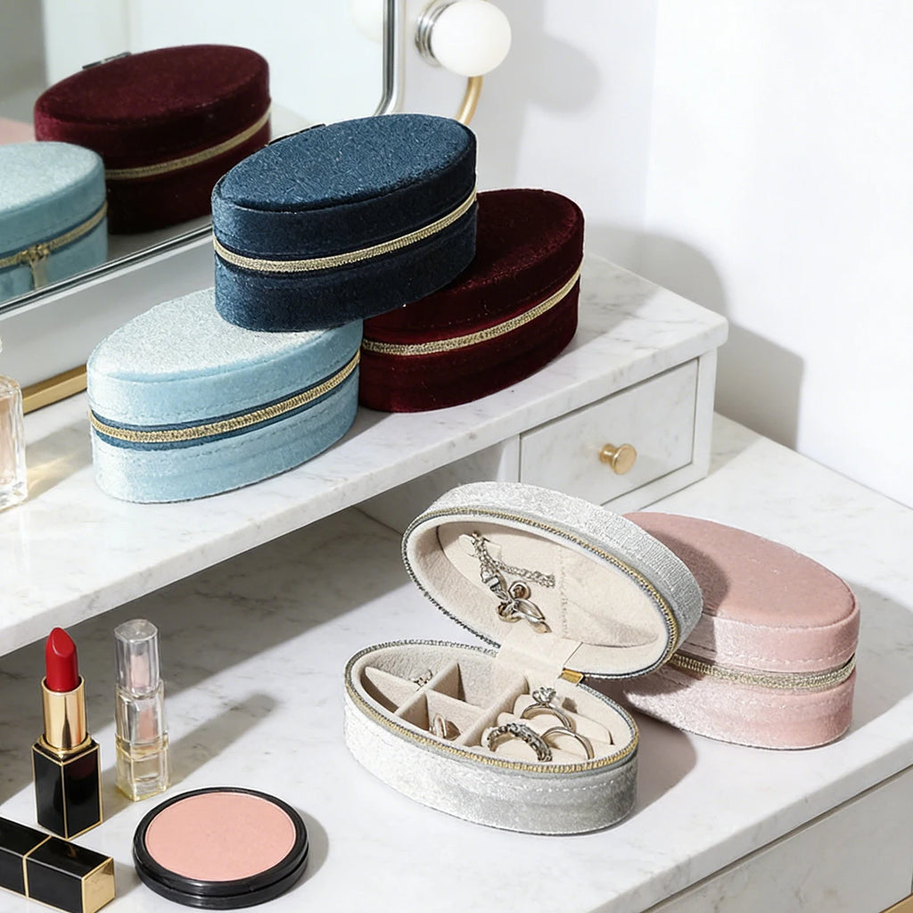 Velvet jewelry box-Compact oval travel organizer with necklace hook & divided compartment