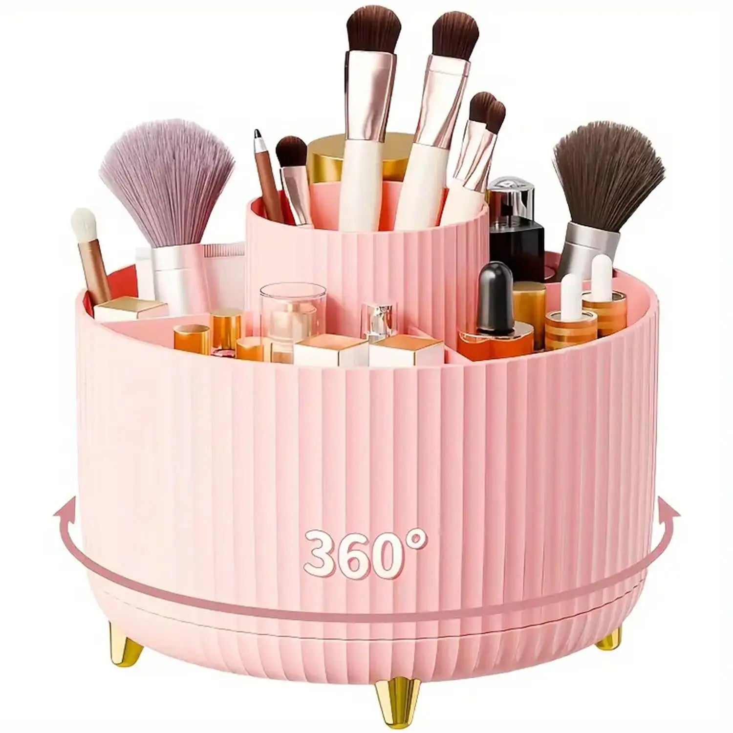 360° Rotating Makeup Organizer – 5 Compartment Cosmetic & Brush Holder