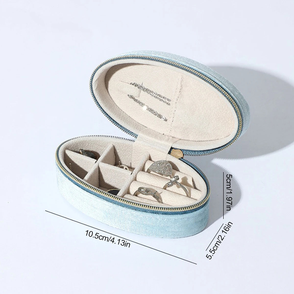 Velvet jewelry box-Compact oval travel organizer with necklace hook & divided compartment