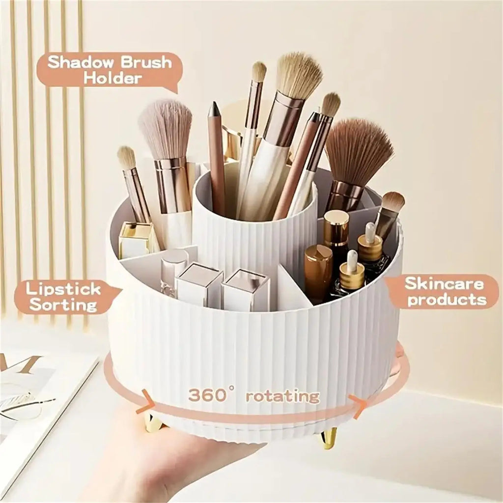 360° Rotating Makeup Organizer – 5 Compartment Cosmetic & Brush Holder