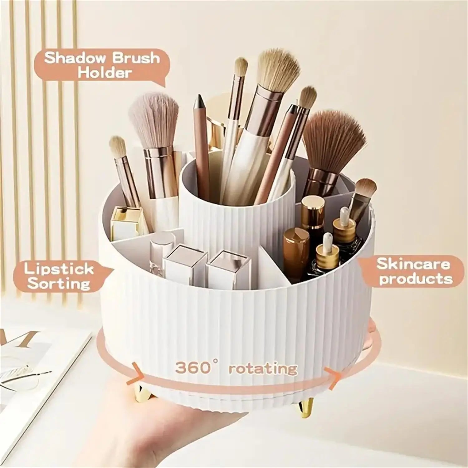 360° Rotating Makeup Organizer – 5 Compartment Cosmetic & Brush Holder