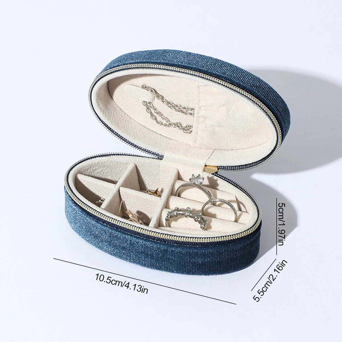 Velvet jewelry box-Compact oval travel organizer with necklace hook & divided compartment